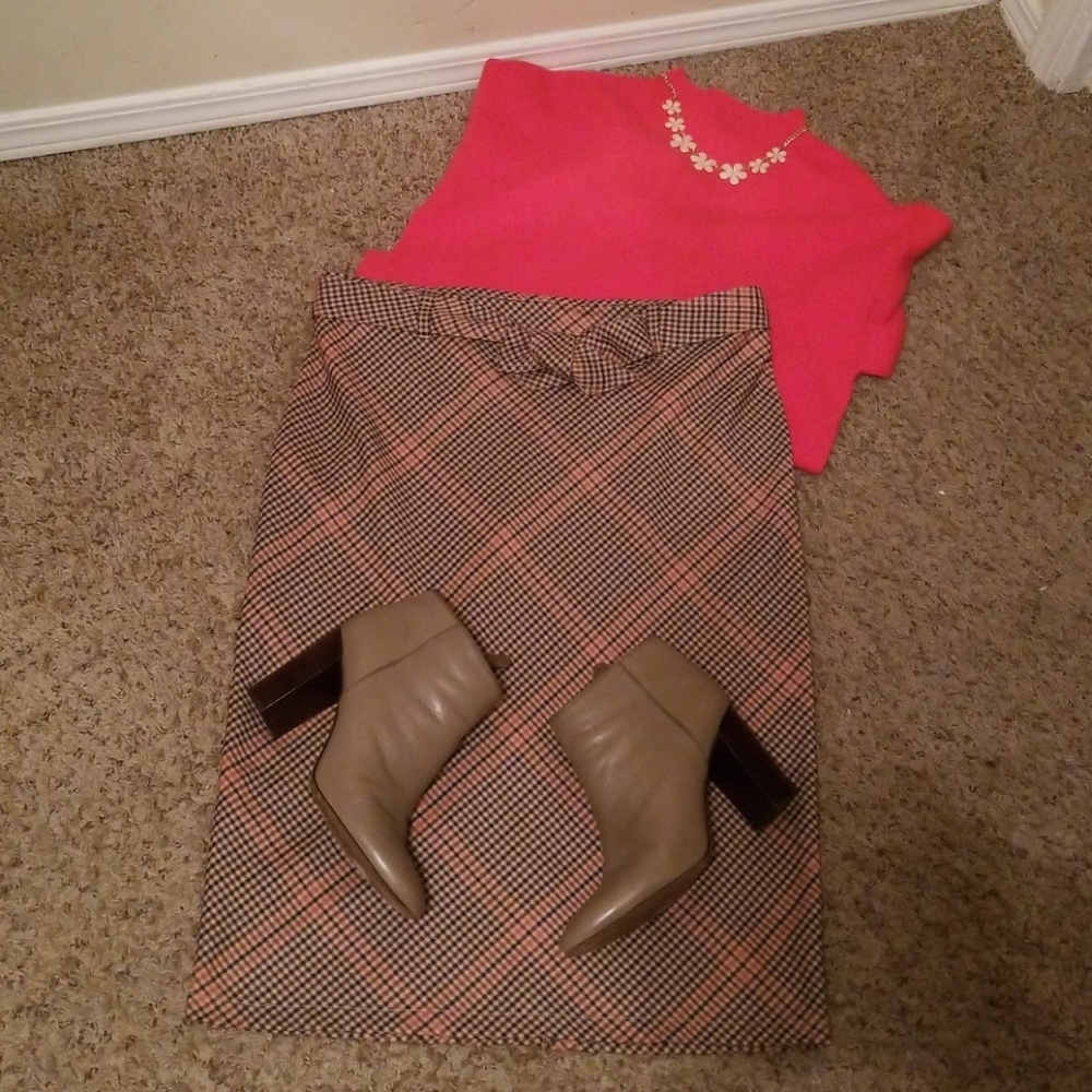 7th Ave Belted Plaid Pencil Skirt Tan/Multi Sz 12